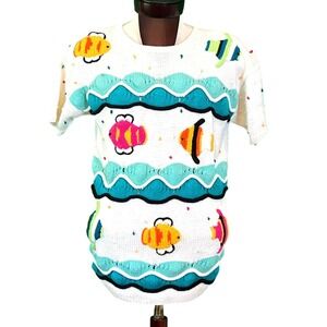 Jenifer Reed Hand Knitted Sweater Tropical Fish Fun Novelty Beach Spring‎ Large